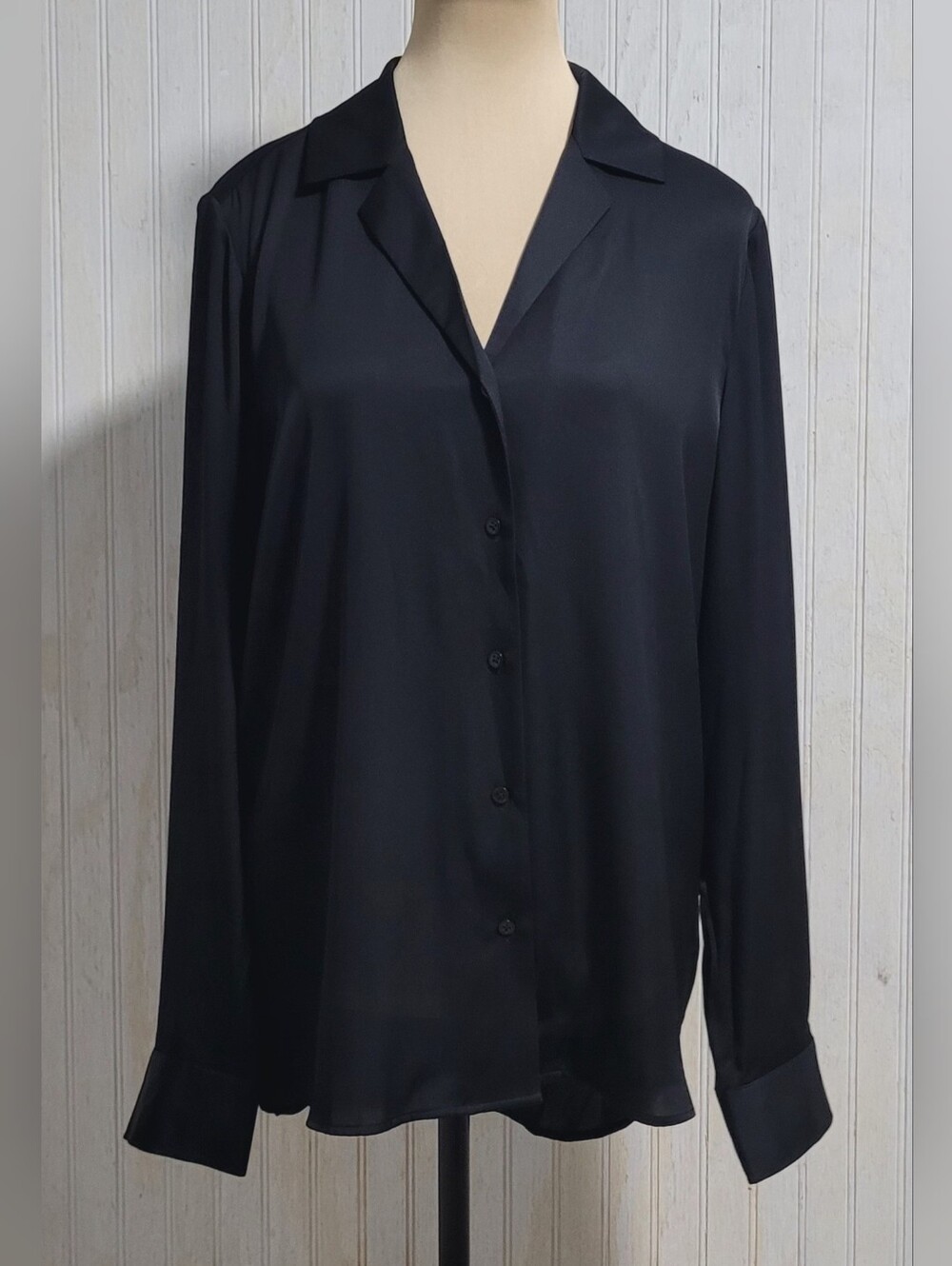 Quince Washable Stretch Silk Notch Collar Blouse Black L